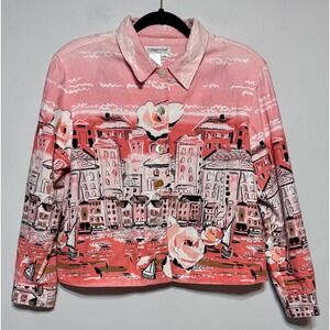 Coldwater Creek Coral Italian Cityscape Jacket Linen Blend Size PL Y2K Art Print
